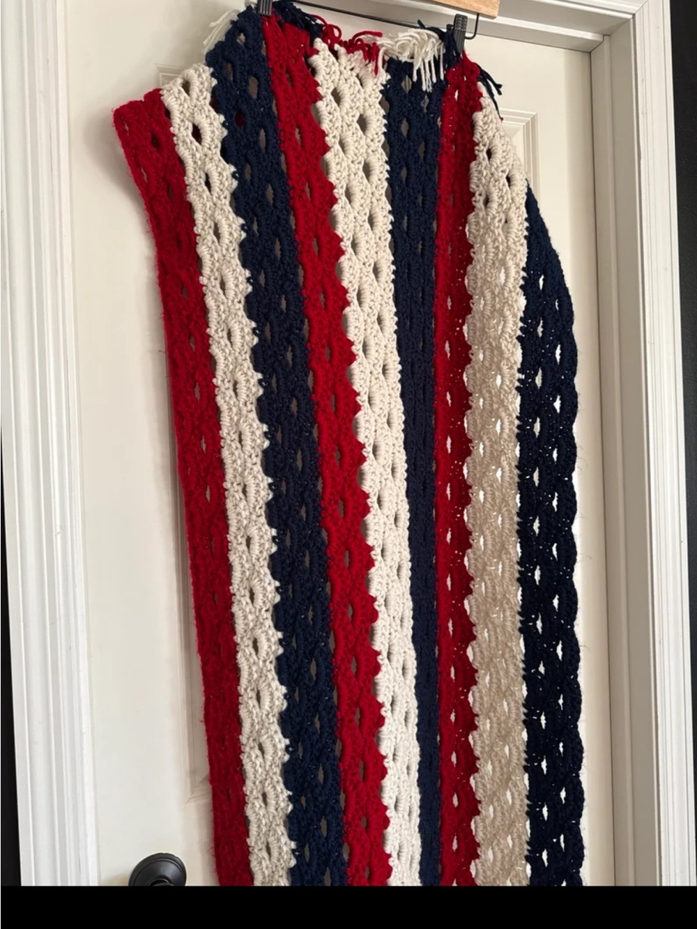 Hand Knit Crochet Red/White/Blue Blanket with tassels - Picture 4 of 12